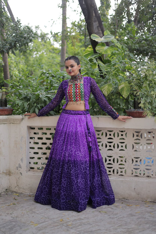 Purple Bandhani Print Lehenga with Kutchi Gamthi Patchwork & Matching Blouse ClothsVilla