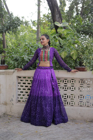 Purple Bandhani Print Lehenga with Kutchi Gamthi Patchwork & Matching Blouse ClothsVilla