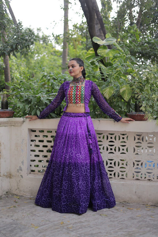 Purple Bandhani Print Lehenga with Kutchi Gamthi Patchwork & Matching Blouse ClothsVilla