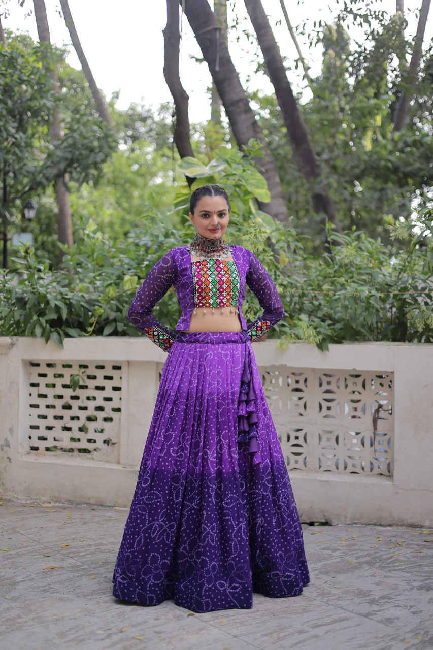 Purple Bandhani Print Lehenga with Kutchi Gamthi Patchwork & Matching Blouse ClothsVilla