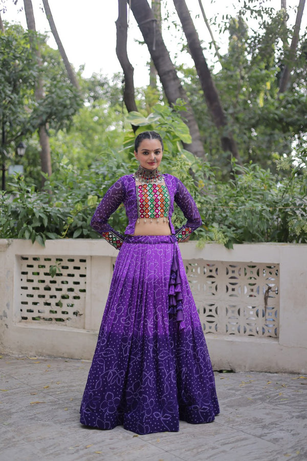 Purple Bandhani Print Lehenga with Kutchi Gamthi Patchwork & Matching Blouse ClothsVilla