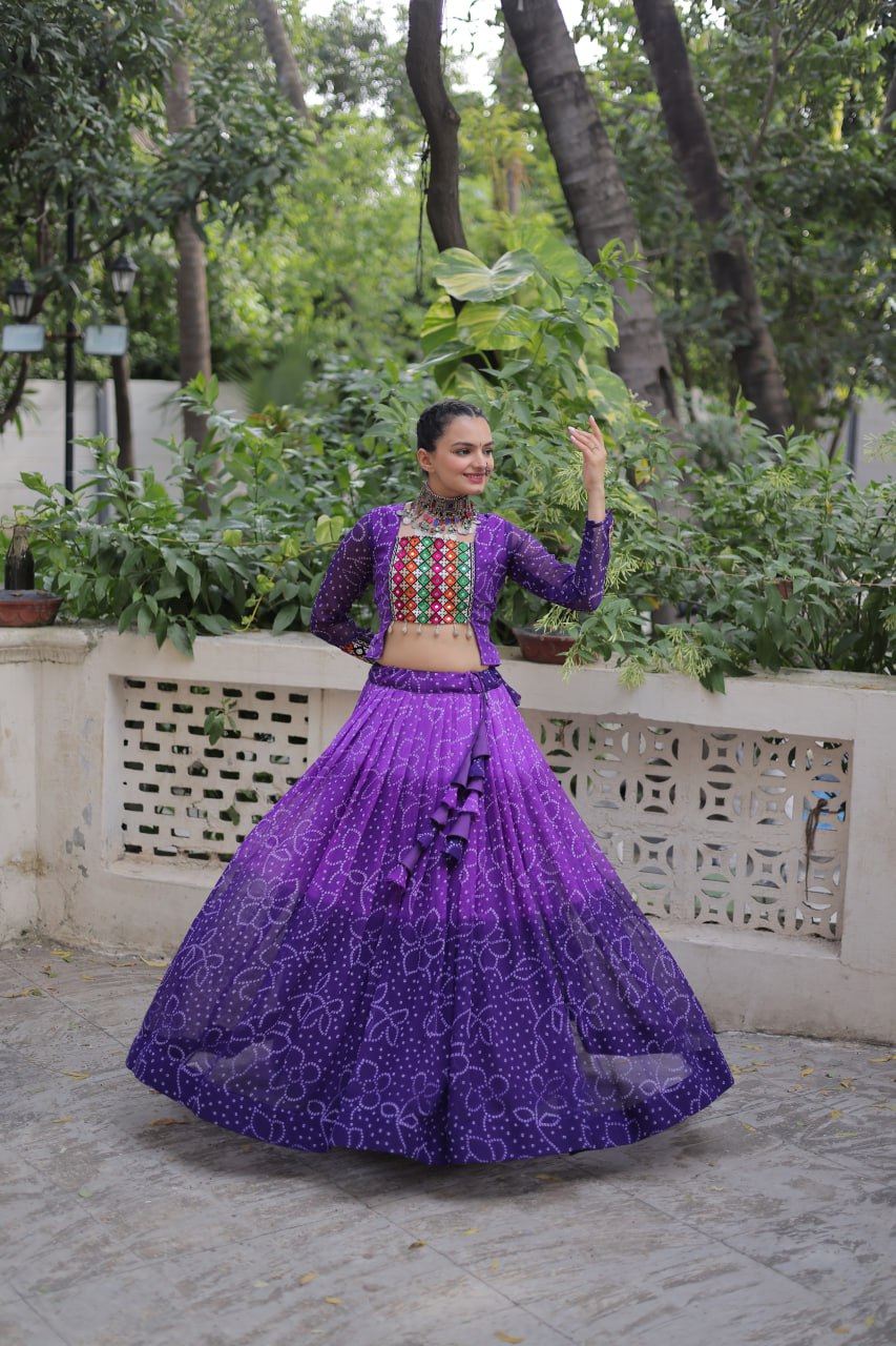 Purple Bandhani Print Lehenga with Kutchi Gamthi Patchwork & Matching Blouse ClothsVilla