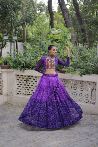 Purple Bandhani Print Lehenga with Kutchi Gamthi Patchwork & Matching Blouse ClothsVilla