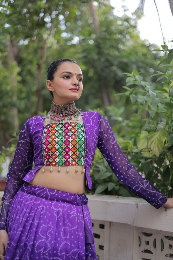 Purple Bandhani Print Lehenga with Kutchi Gamthi Patchwork & Matching Blouse ClothsVilla