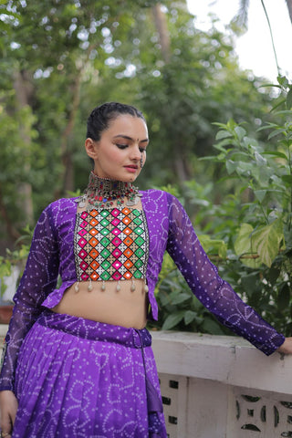 Purple Bandhani Print Lehenga with Kutchi Gamthi Patchwork & Matching Blouse ClothsVilla
