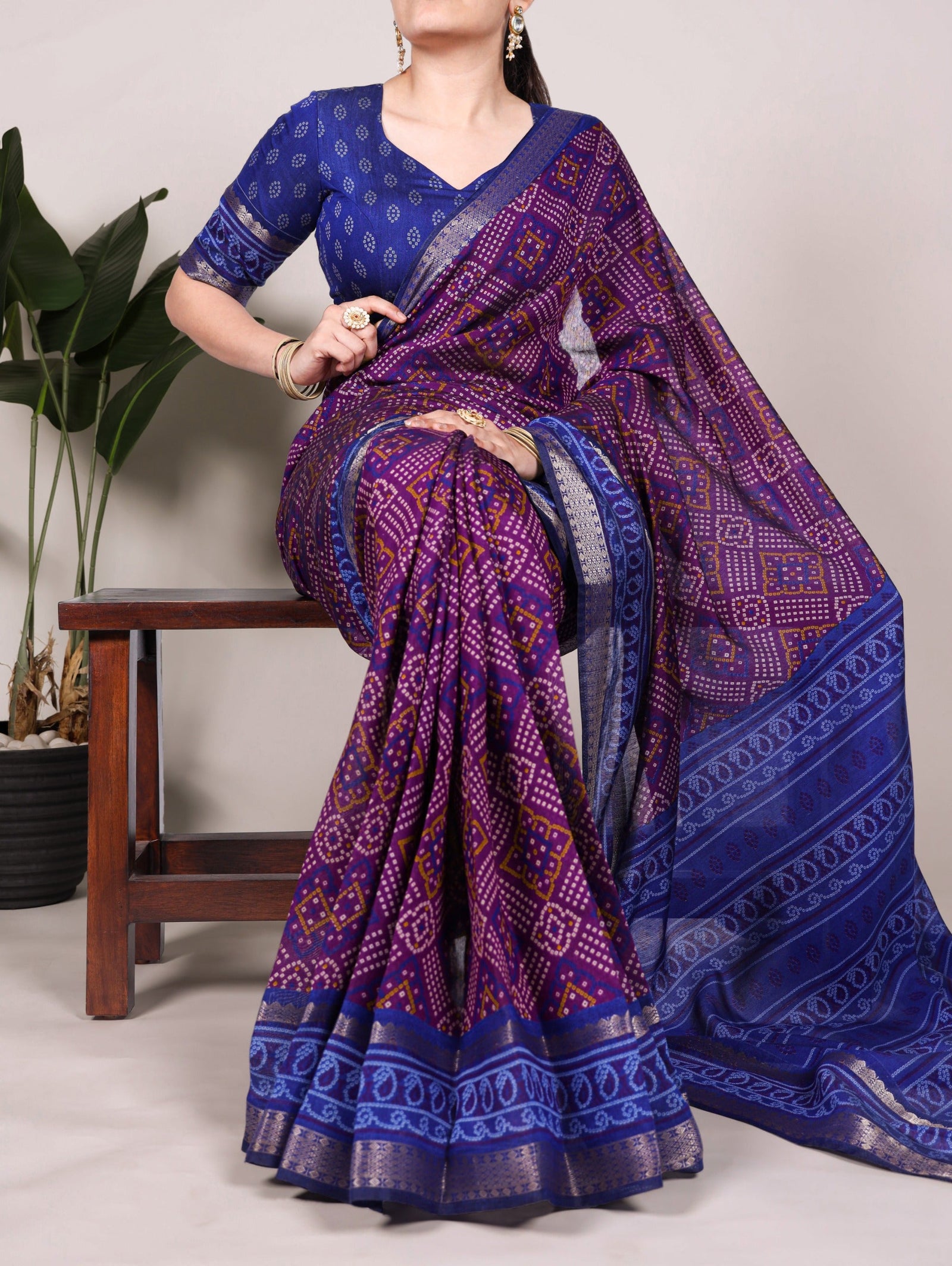 Purple Bandhej Print Chanderi Saree with Zari Weaving Work ClothsVilla