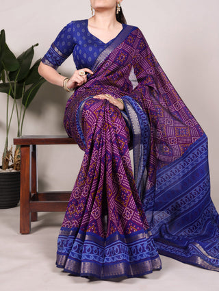 Purple Bandhej Print Chanderi Saree with Zari Weaving Work ClothsVilla
