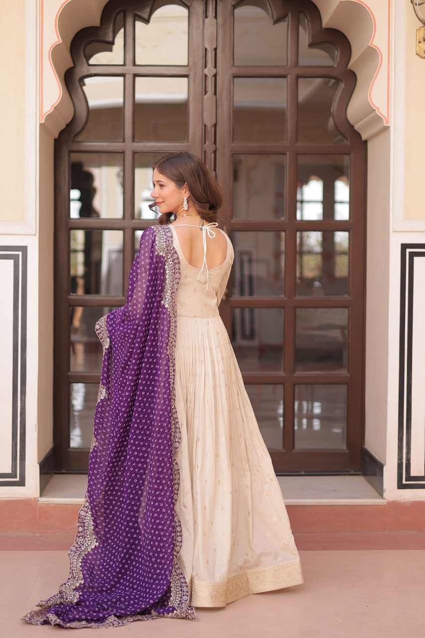Cream Trending Cosmos Jacquard Gown with Bandhani Cut-Work Dupatta  Pearl Beads Embroidery Full-Stitched Elegance Clothsvilla