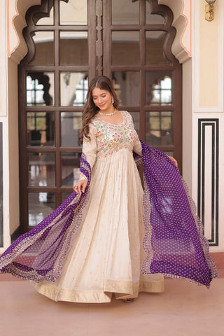 Cream Trending Cosmos Jacquard Gown with Bandhani Cut-Work Dupatta  Pearl Beads Embroidery Full-Stitched Elegance Clothsvilla