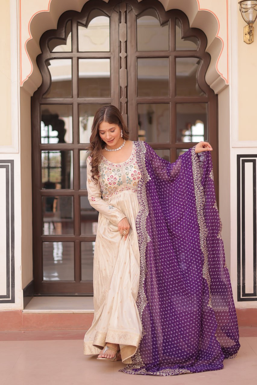 Cream Trending Cosmos Jacquard Gown with Bandhani Cut-Work Dupatta  Pearl Beads Embroidery Full-Stitched Elegance Clothsvilla
