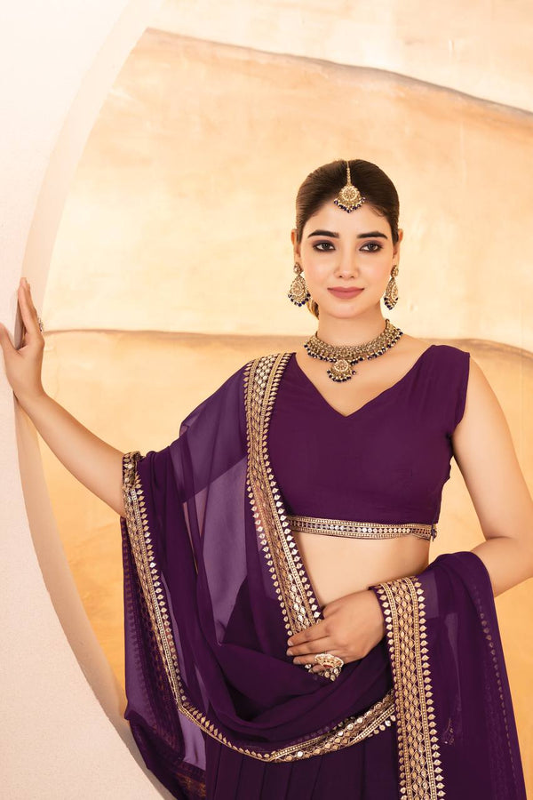 Purple Designer Dyeable Faux Blooming Lehenga Choli with 7mm Sequins Embroidery & Lace-Border Dupatta ClothsVilla