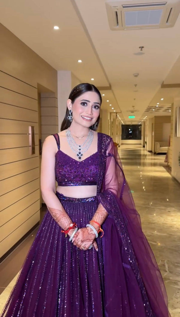 Purple Designer Net Lehenga Set with Sequins & Dori Embroidery ClothsVilla