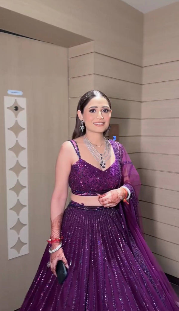 Purple Designer Net Lehenga Set with Sequins & Dori Embroidery ClothsVilla