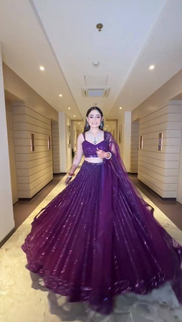 Purple Designer Net Lehenga Set with Sequins & Dori Embroidery ClothsVilla