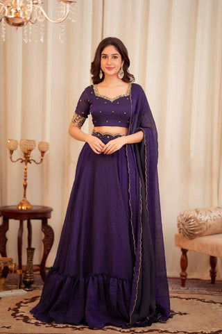 Purple Diamond Crush Silk Lehenga Set with Sequins, Dori, and Chain Stitch Work – Semi-Stitched ClothsVilla
