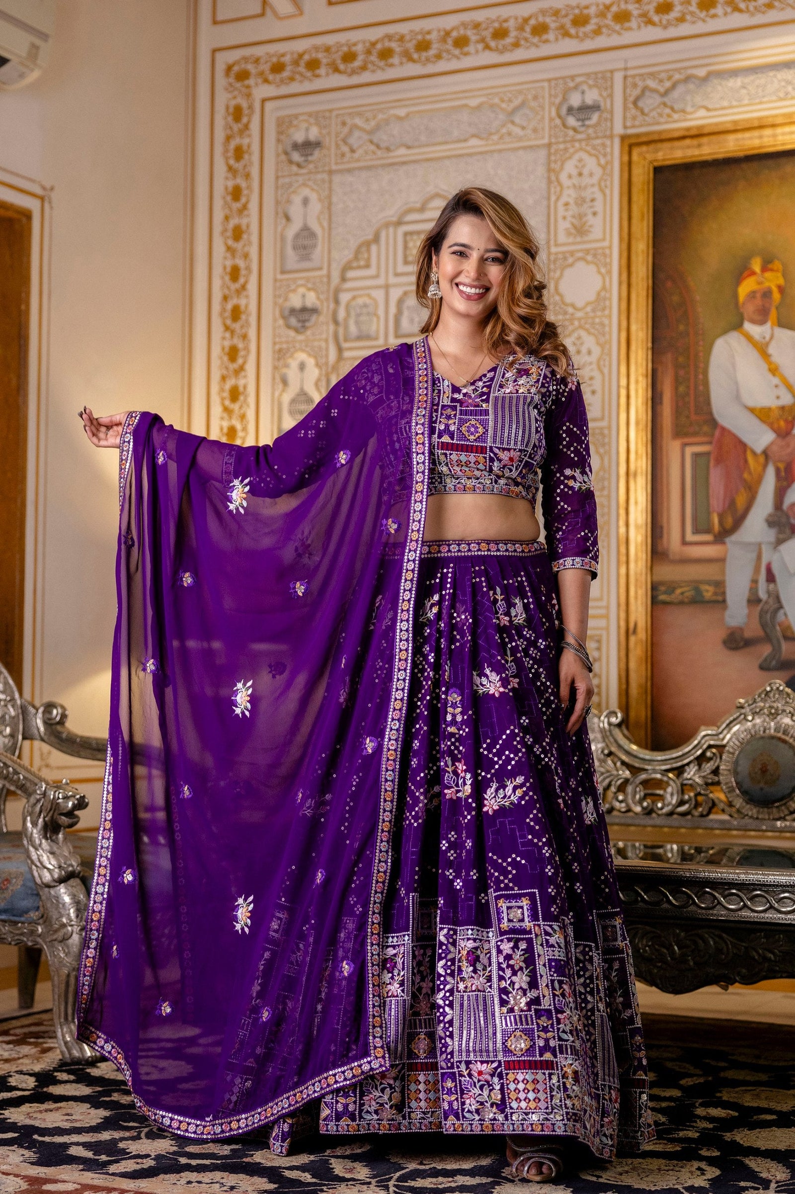 Purple Elegant Blooming Georgette Embroidered Semi-Stitched Lehenga Set ClothsVilla