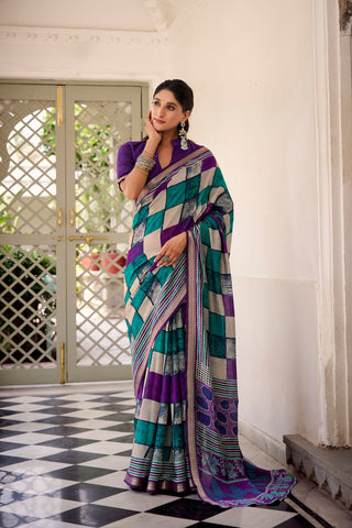 Purple Elegant Chanderi Printed Saree with Temple Border & Matching Blouse ClothsVilla