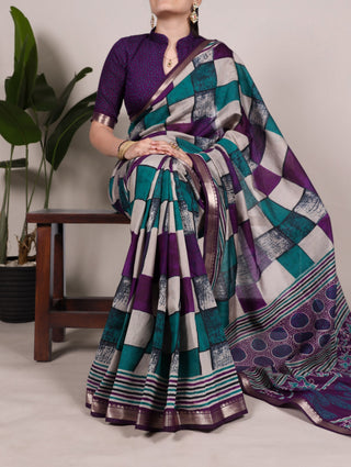 Purple Elegant Chanderi Printed Saree with Temple Border & Matching Blouse ClothsVilla