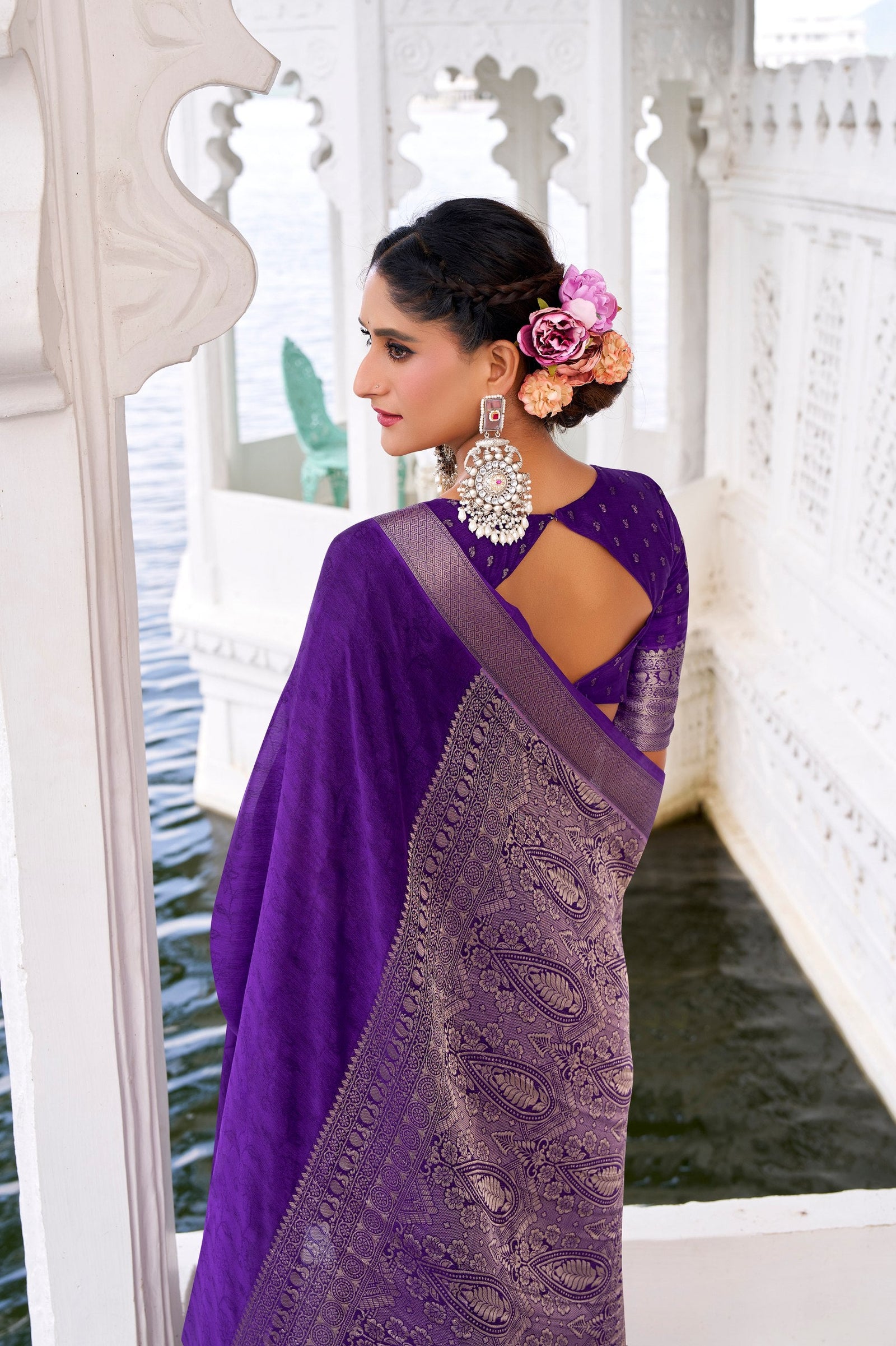 Purple Elegant Chinon Saree with Self Print & Zari Weaving Work Unstitched Blouse Included ClothsVilla