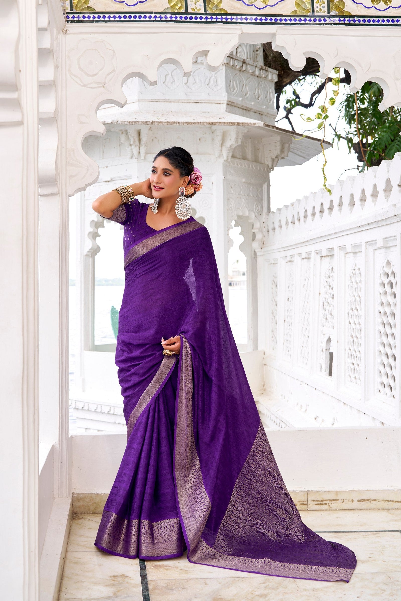 Purple Elegant Chinon Saree with Self Print & Zari Weaving Work Unstitched Blouse Included ClothsVilla