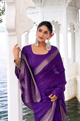 Purple Elegant Chinon Saree with Self Print & Zari Weaving Work Unstitched Blouse Included ClothsVilla