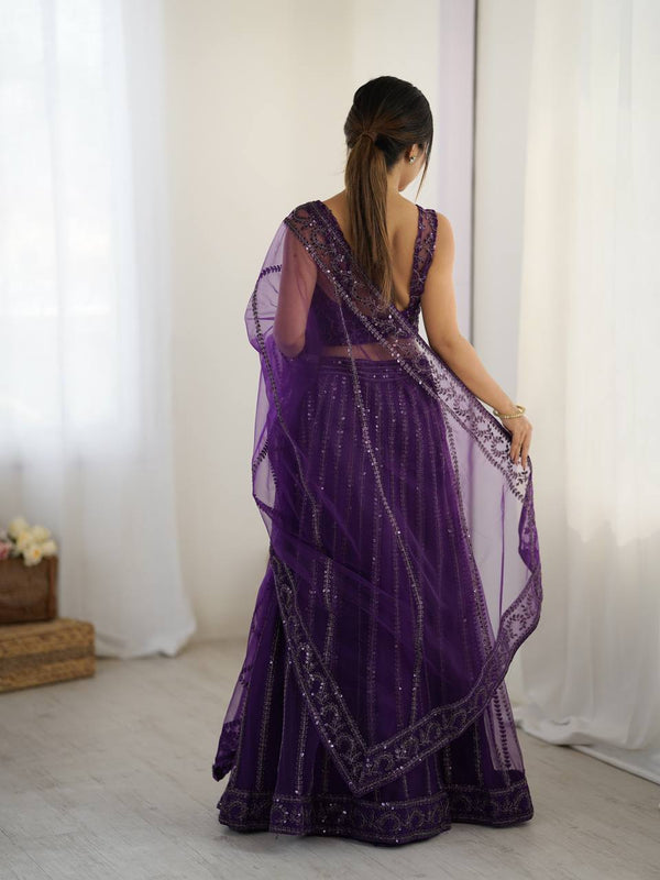 Purple Elegant Net Lehenga Set with Sequins & Dori Work ClothsVilla