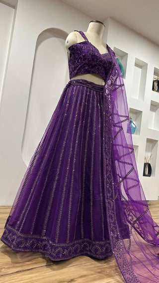 Purple Elegant Net Lehenga Set with Sequins & Dori Work ClothsVilla