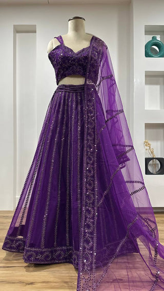Purple Elegant Net Lehenga Set with Sequins & Dori Work ClothsVilla