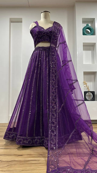Purple Elegant Net Lehenga Set with Sequins & Dori Work ClothsVilla