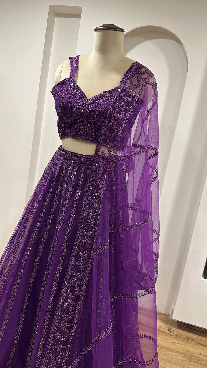 Purple Elegant Net Lehenga Set with Sequins & Dori Work ClothsVilla