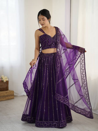 Purple Elegant Net Lehenga Set with Sequins & Dori Work ClothsVilla