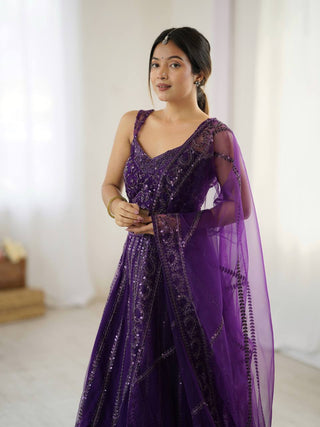 Purple Elegant Net Lehenga Set with Sequins & Dori Work ClothsVilla