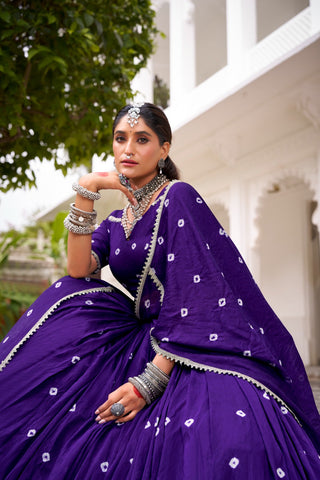 Purple Elegant Pure Chanderi Bandhej Print Lehenga Set with Blouse & Dupatta – Stitched with Canvas and Lace Detailing ClothsVilla
