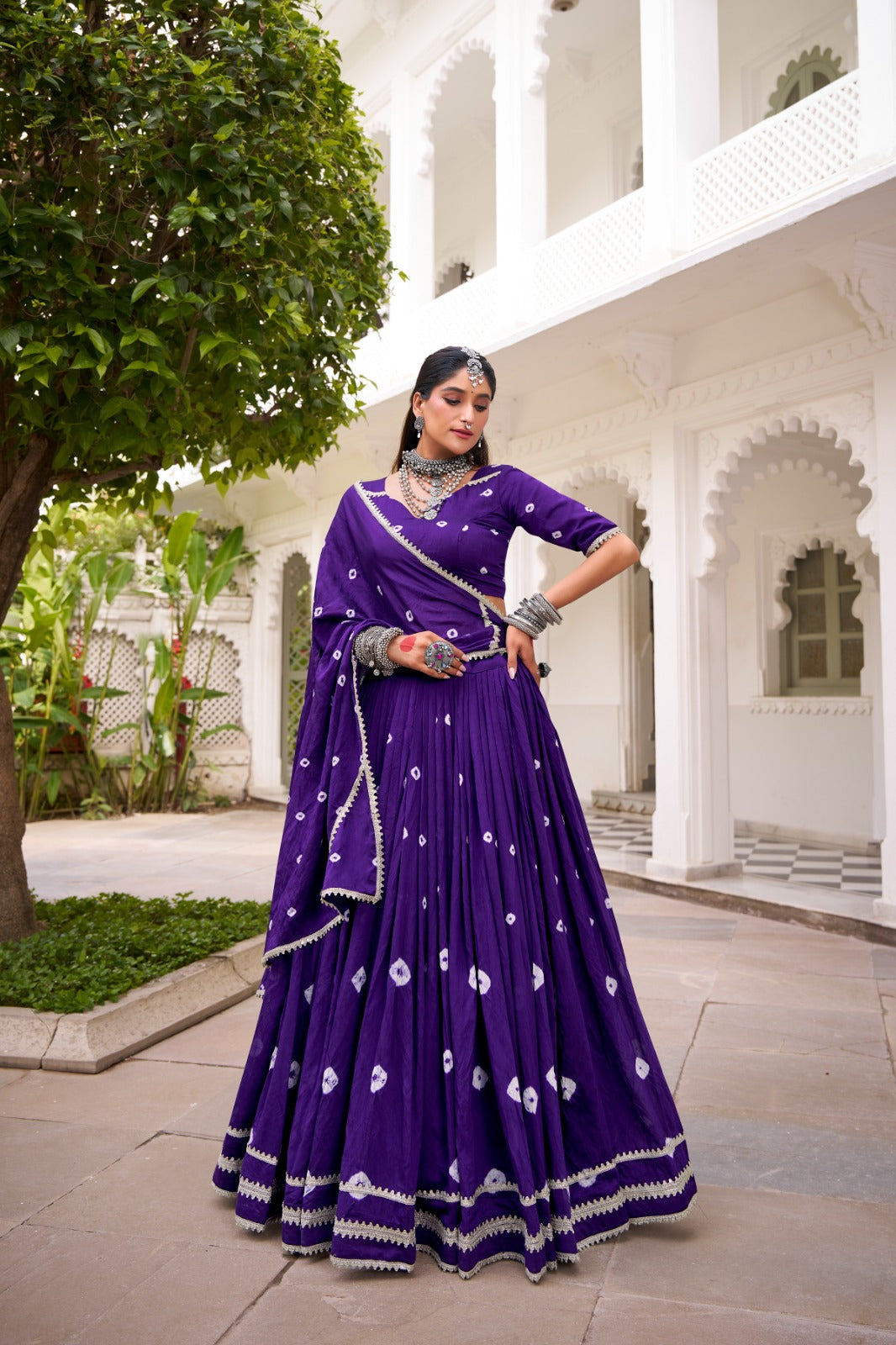 Purple Elegant Pure Chanderi Bandhej Print Lehenga Set with Blouse & Dupatta – Stitched with Canvas and Lace Detailing ClothsVilla