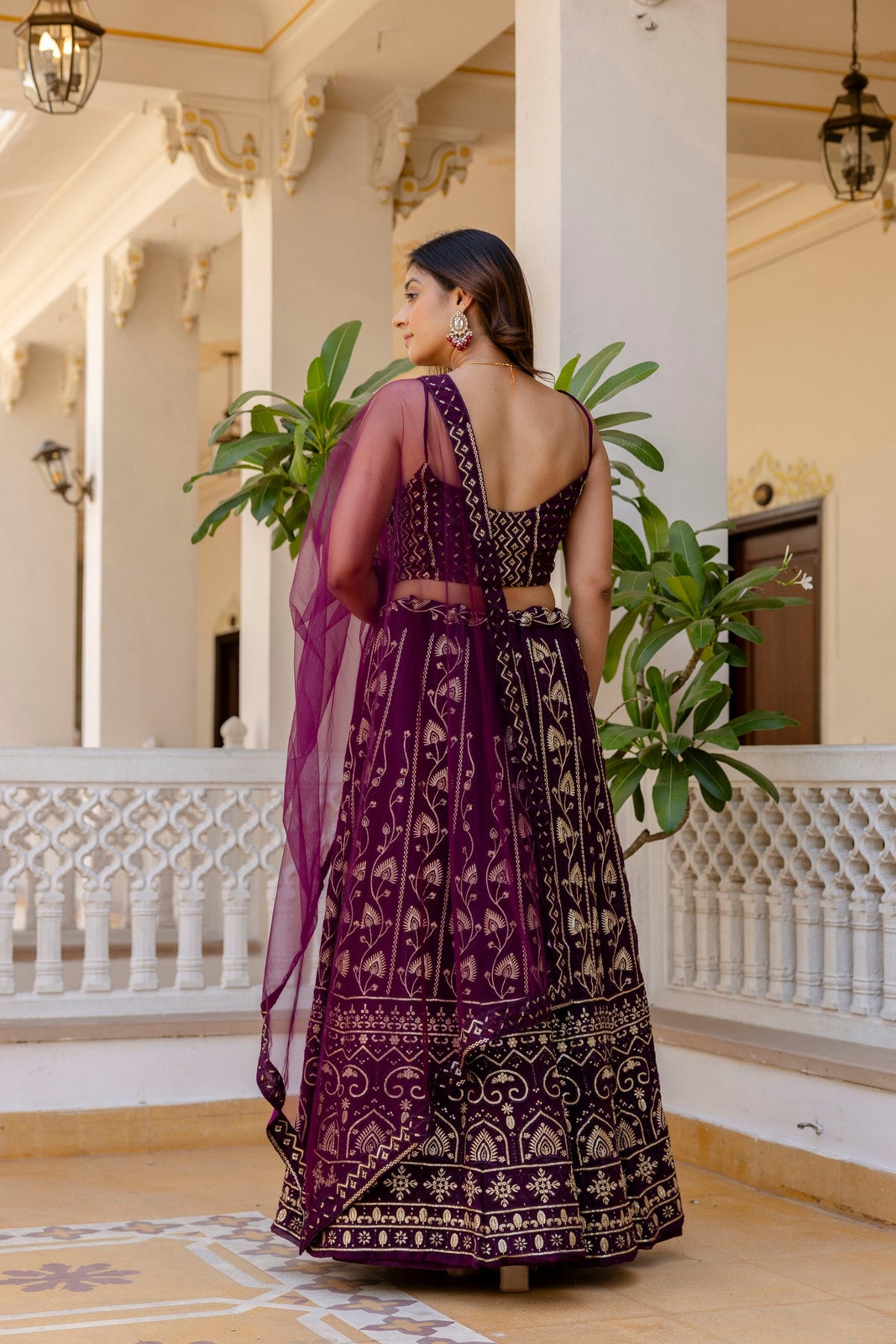 Purple Embroidered Georgette Lehenga Set with Sequins Work & Net Dupatta ClothsVilla