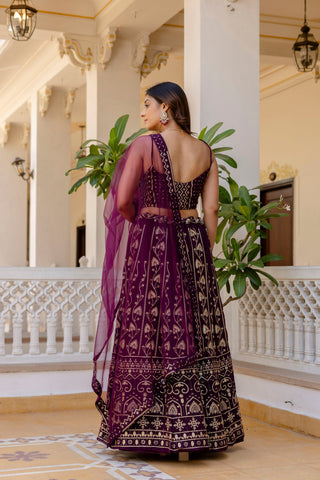 Purple Embroidered Georgette Lehenga Set with Sequins Work & Net Dupatta ClothsVilla