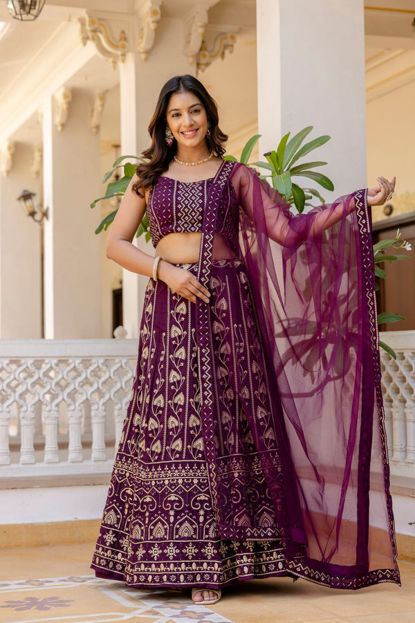 Purple Embroidered Georgette Lehenga Set with Sequins Work & Net Dupatta ClothsVilla