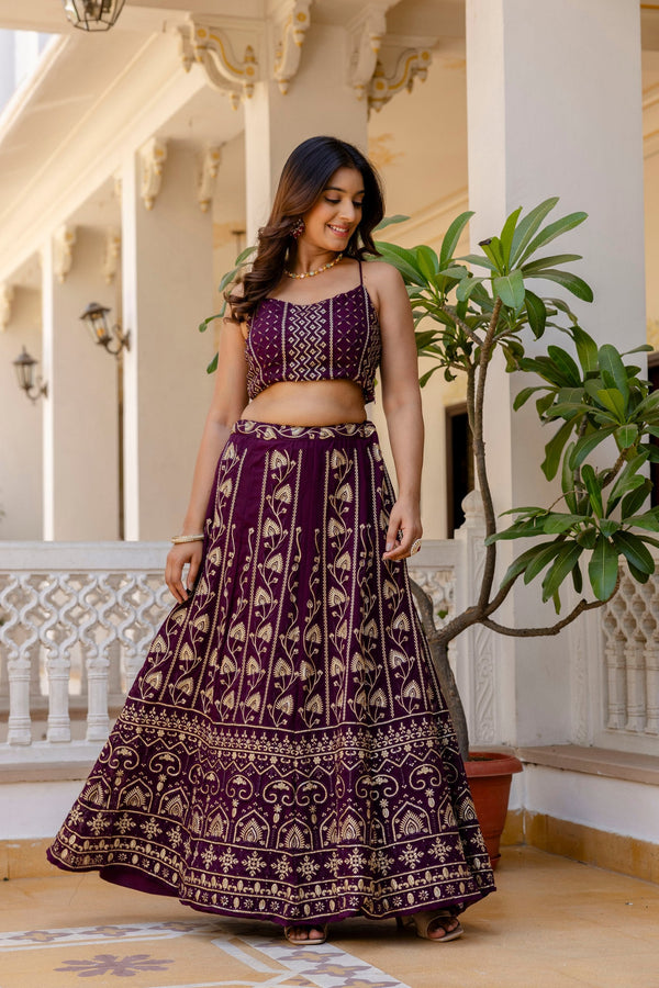 Purple Embroidered Georgette Lehenga Set with Sequins Work & Net Dupatta ClothsVilla