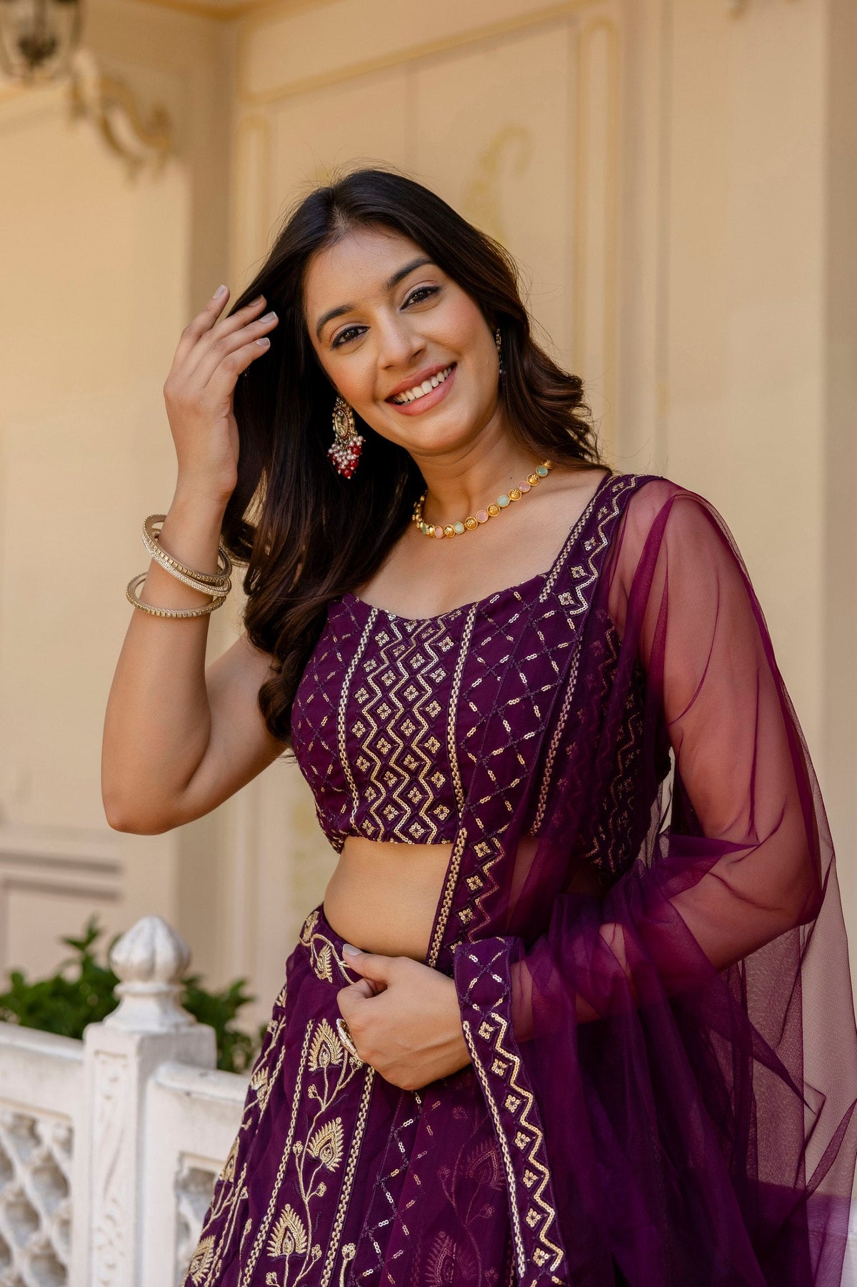 Purple Embroidered Georgette Lehenga Set with Sequins Work & Net Dupatta ClothsVilla