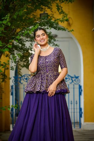 Purple Fendy Fabric Full-Stitched Lehenga Set with Sequins Embroidered Peplum Blouse ClothsVilla
