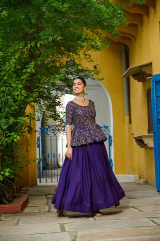Purple Fendy Fabric Full-Stitched Lehenga Set with Sequins Embroidered Peplum Blouse ClothsVilla