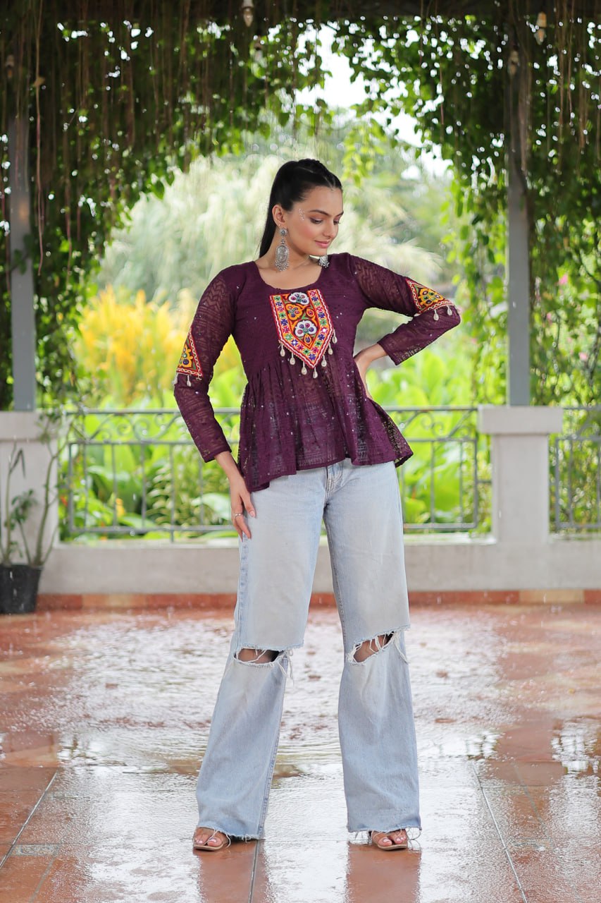 Navratri Special Georgette Schiffli Peplum Top with Kutchi Gamthi Patch Work ClothsVilla