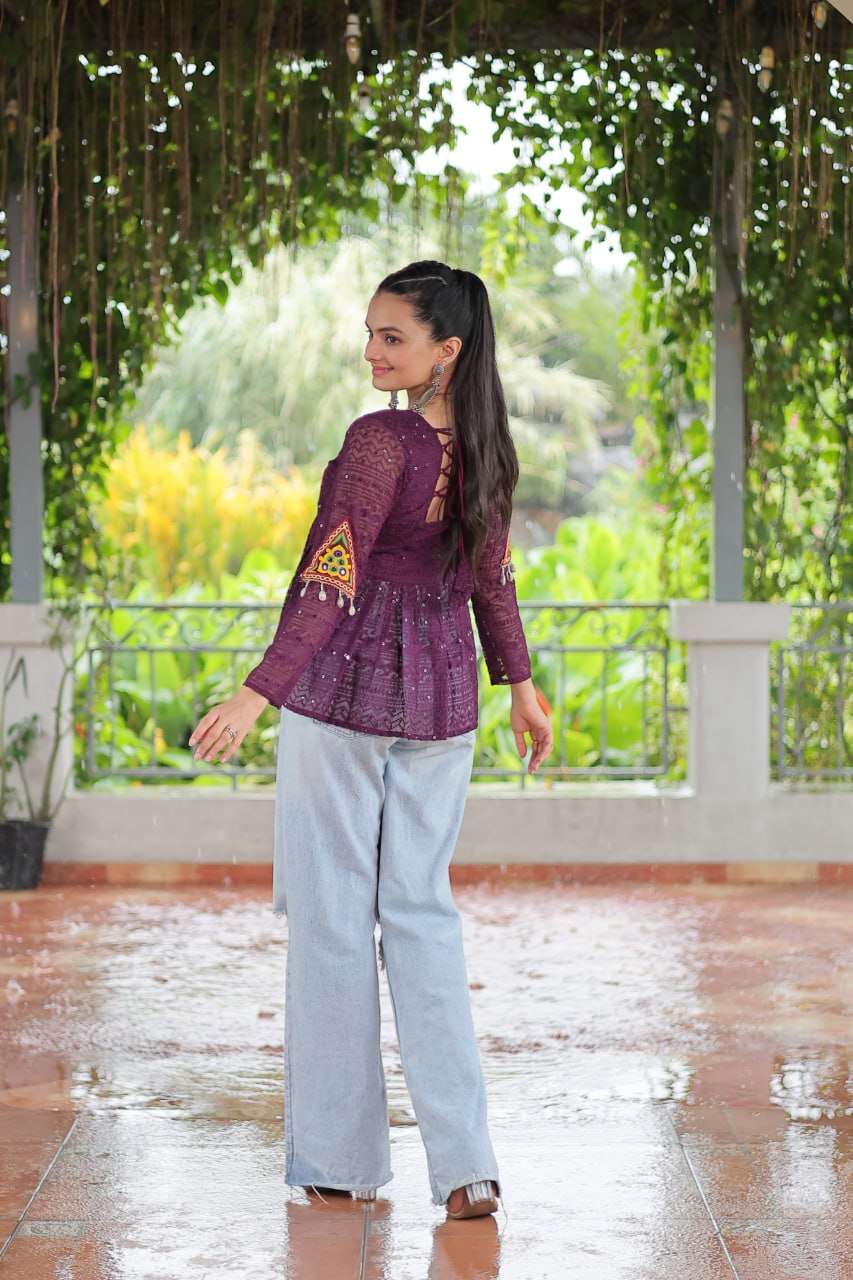 Navratri Special Georgette Schiffli Peplum Top with Kutchi Gamthi Patch Work ClothsVilla