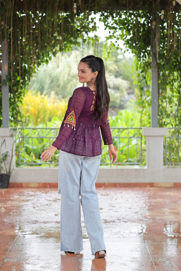 Navratri Special Georgette Schiffli Peplum Top with Kutchi Gamthi Patch Work ClothsVilla