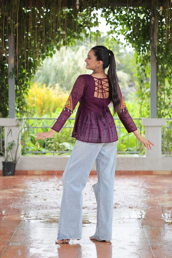 Navratri Special Georgette Schiffli Peplum Top with Kutchi Gamthi Patch Work ClothsVilla