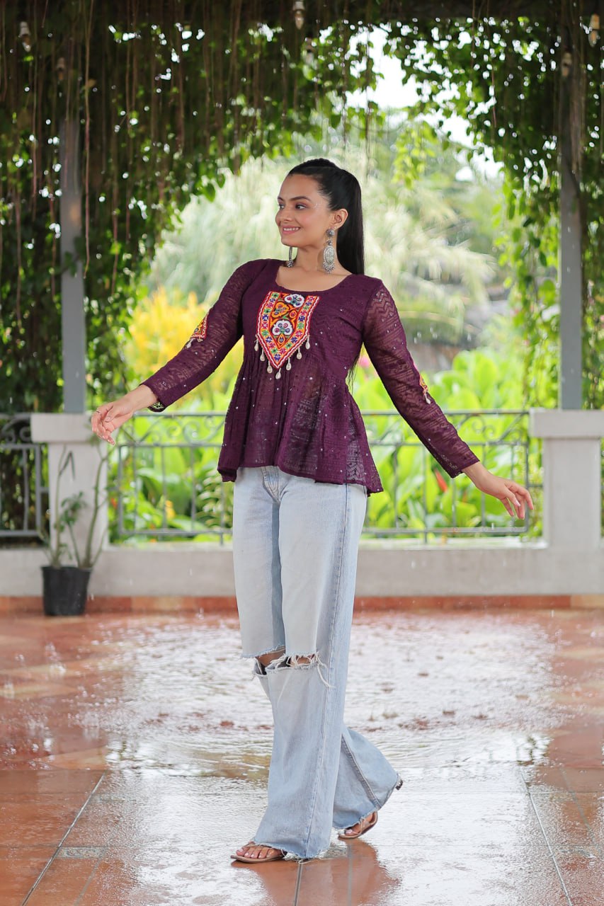 Navratri Special Georgette Schiffli Peplum Top with Kutchi Gamthi Patch Work ClothsVilla