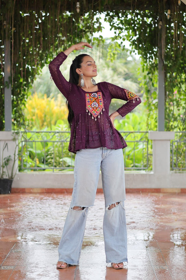 Navratri Special Georgette Schiffli Peplum Top with Kutchi Gamthi Patch Work ClothsVilla