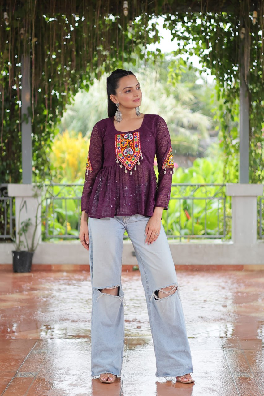 Navratri Special Georgette Schiffli Peplum Top with Kutchi Gamthi Patch Work ClothsVilla