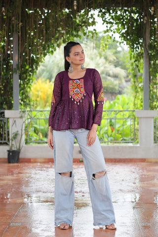 Navratri Special Georgette Schiffli Peplum Top with Kutchi Gamthi Patch Work ClothsVilla