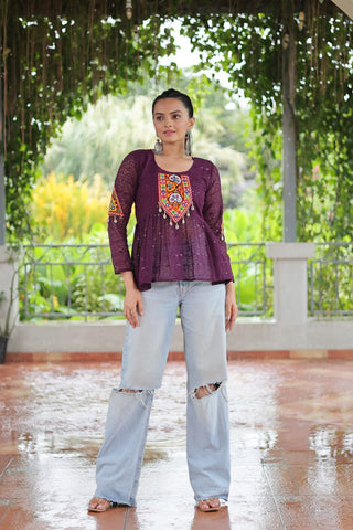 Navratri Special Georgette Schiffli Peplum Top with Kutchi Gamthi Patch Work ClothsVilla